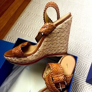 Stuart Weitzman wrap wedges with gold buckle